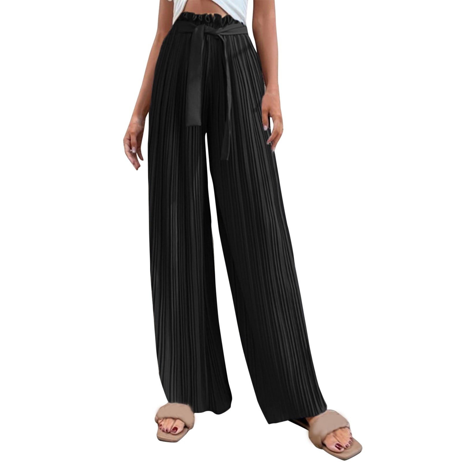 OJSFQUFP Jogging Pants for Women Black Womens Casual Floral Print Belted Summer Beach High Waist Wide Leg Pants Business Work Comfortable Pants XL
