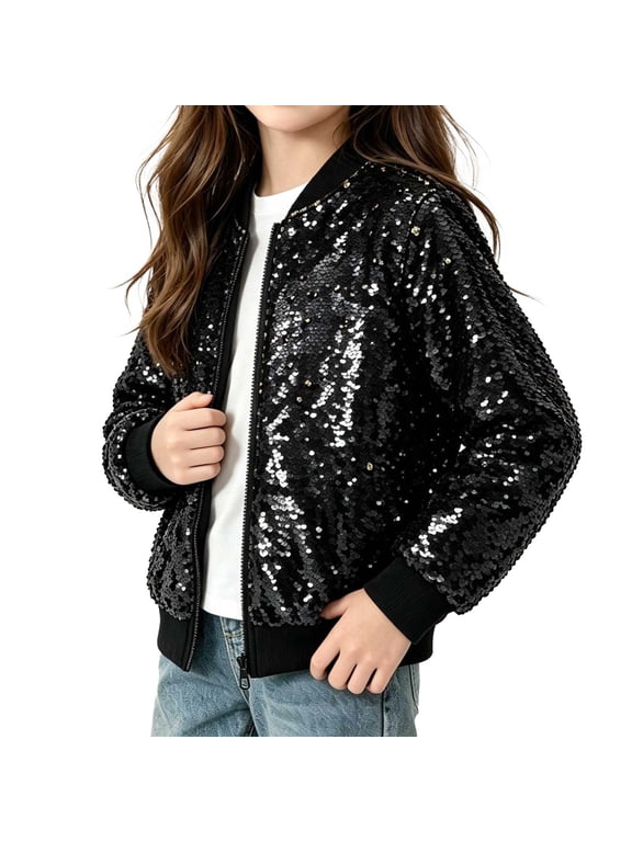 Kids Glitter Sequin Zip Up Jacket for Boy Girl Sparkly Back To School Party Coat Stage Performance Jackets