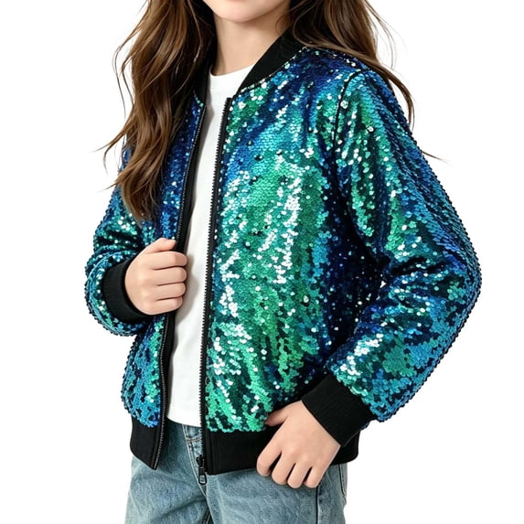 OJSFQUFP Kids Glitter Sequin Zip Up Jacket for Boy Girl Sparkly Back To School Party Coat Stage Performance Jackets