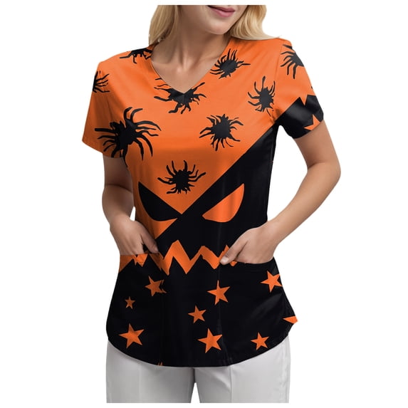 OJSFQUFP Lady Halloween Funny Print V Neck Short Sleeved Pocket T Shirt