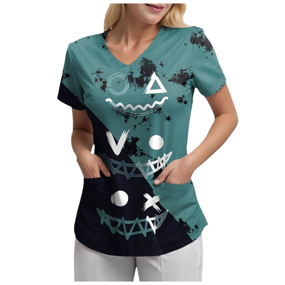 OJSFQUFP Lady Halloween Funny Print V Neck Short Sleeved Pocket T Shirt