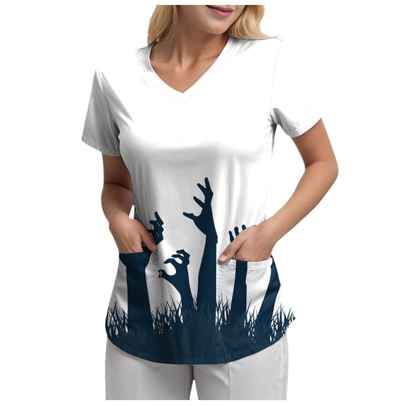OJSFQUFP Lady Halloween Funny Print V Neck Short Sleeved Pocket T Shirt