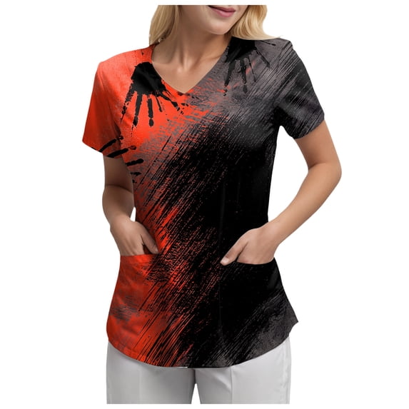 OJSFQUFP Lady Halloween Funny Print V Neck Short Sleeved Pocket T Shirt
