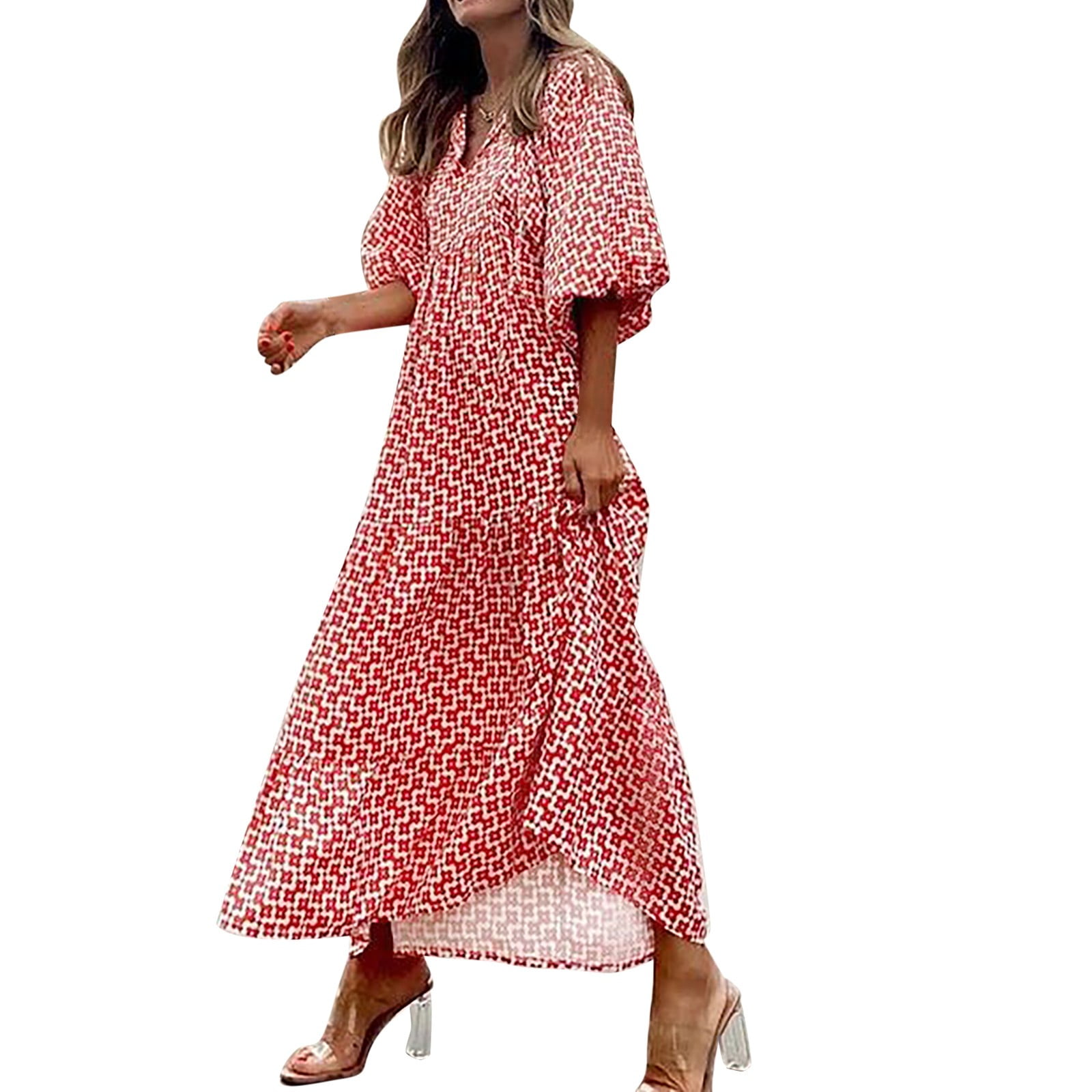 OJSFQUFP Pastel Color Dress for Women Red Women Casual Loose Round Neck Bohemian Floral Dress ...
