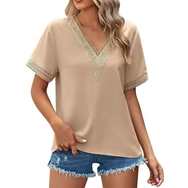 OJSFQUFP Short Sleeve Blouses Khaki Women's Fashion Casual Summer V Neck Solid Color Gold Lace Stitching Short Sleeve Loose T Shirt Top L2