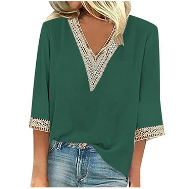 OJSFQUFP Spring Blouse Green Women's Fashion Spring and Summer Solid Color Knitted Jacquard V Neck Split Sleeve Casual T Shirt Top S