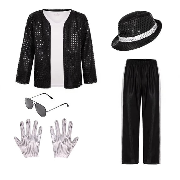 OJSFQUFP Star Dance Clothes 9Pcs Set for Kids Boys 4-14Y,Sequin Jacket 80s 90s Halloween Disco Party Stage Outfit