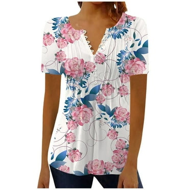 OJSFQUFP Summer Blouses Pink Women Vacation Tops Printing Trendy Sexy Button Cardigan Shirt V Neck Short Sleeve Loose Tunic Top L