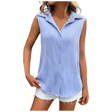 OJSFQUFP Tank Top Blue Women's Fashionable Sleeveless Button Textured Lapel Shirt Solid Color Loose Casual Summer Vest Top Summer basic camisole L