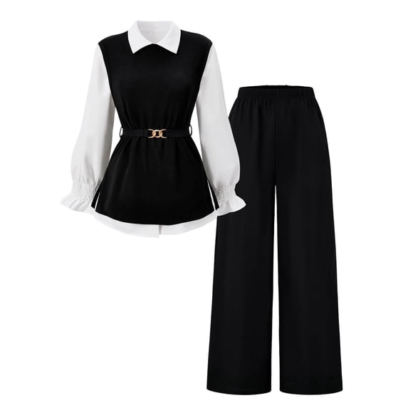 OJSFQUFP Teen Girls 4 Piece Outfits Elegant Vest and Wide Leg Pant White Shirt Layered Commuting Suit for School (12-16Y)