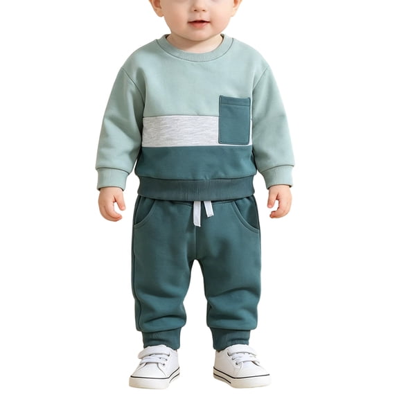 OJSFQUFP Toddler Baby Boy 2 Piece Outfit Set Color Block Crew Neck Sweatshirt Top & Elastic Waist Pants Casual Fall Winter Clothes