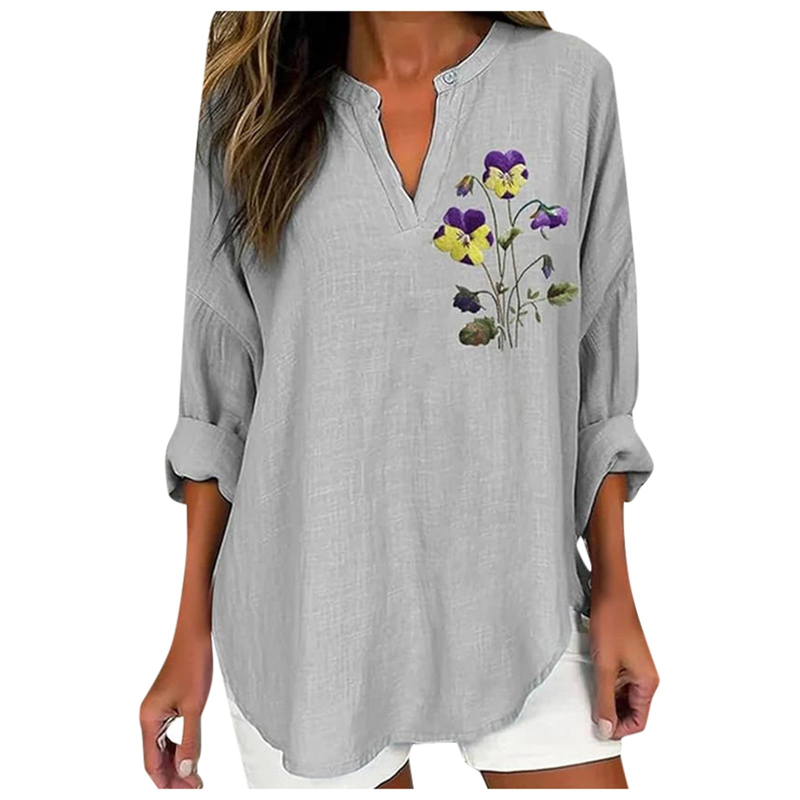 日本全国送料無料商品 特集 Dressy Women for Tops OJSFQUFP Casual Pansy Thin Women Grey Clothing