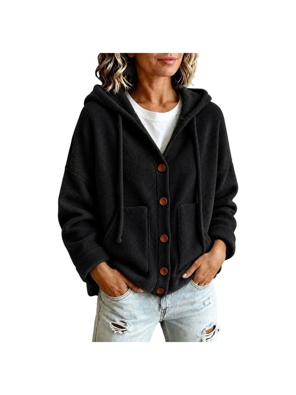 Winter Fleece Jackets for Women Hooded Button Front Side Pocket Long Sleeve Jackets with Pockets