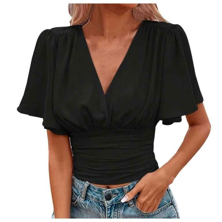 Solid color V-neck cropped sleeve chiffon shirt Solid color V-neck cropped sleeve chiffon shirt