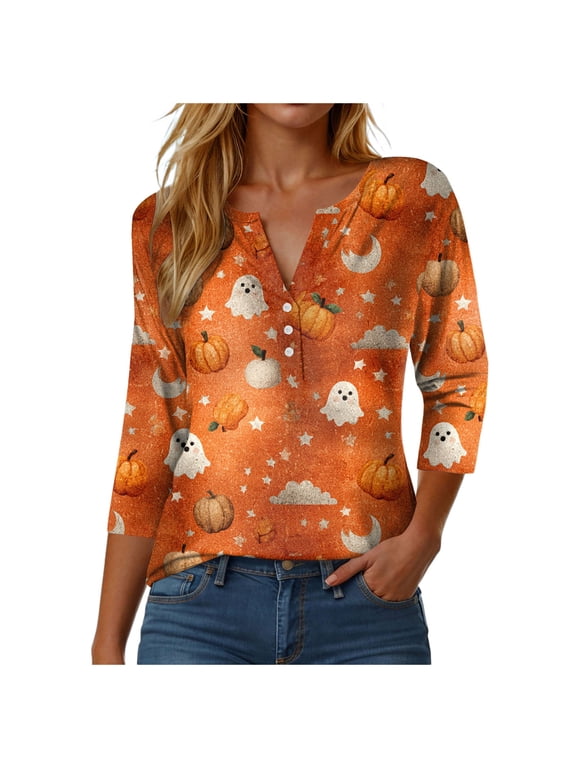 Women Fall Halloween Doodles V Neck Shirt Thanksgiving Casual Tee Celebration Long Sleeve Tee Pumpkin Top Cotton Blend Soft