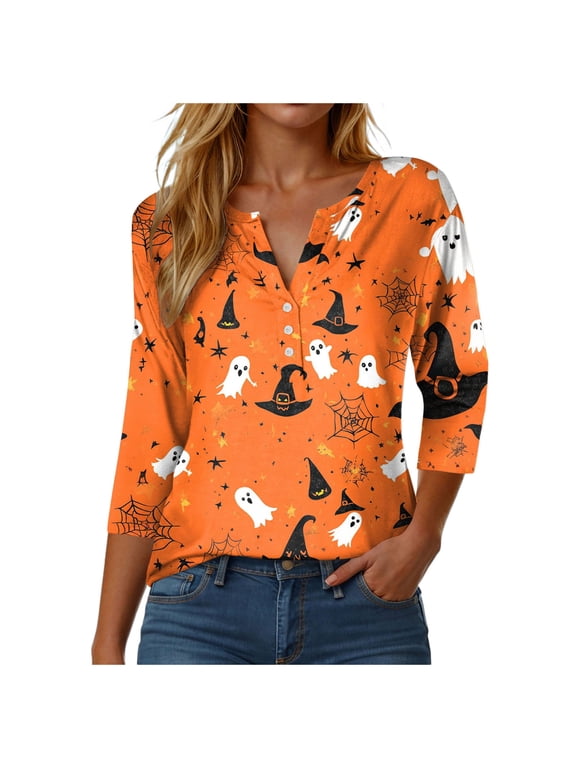 Women Fall Halloween Doodles V Neck Shirt Thanksgiving Casual Tee Celebration Long Sleeve Tee Pumpkin Top Cotton Blend Soft