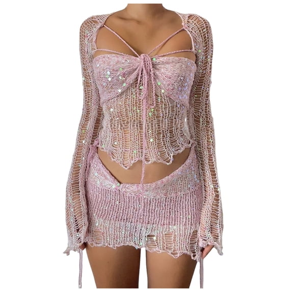 OJSFQUFP Women Fashion Sexy Hollow Sequins Bandage Tube Top One Dress and Multiple Dresses Dress Set