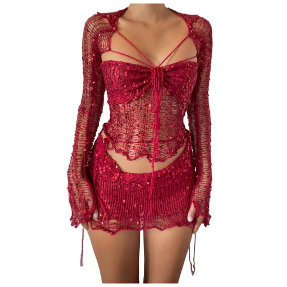 OJSFQUFP Women Fashion Sexy Hollow Sequins Bandage Tube Top One Dress and Multiple Dresses Dress Set