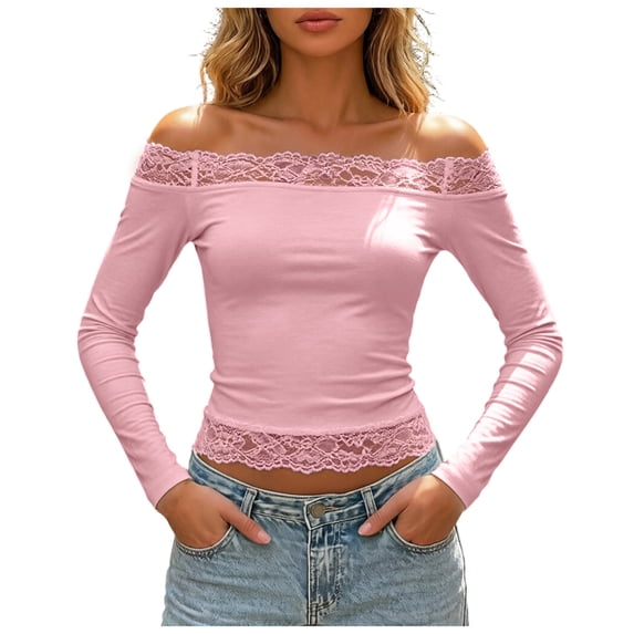 OJSFQUFP Women Off Shoulder Double Lined Long Sleeve Lace Shirts Basic Going Out Tops for Vacation Party Wedding Dating