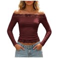 thumbnail image 1 of OJSFQUFP Women Off Shoulder Double Lined Long Sleeve Lace Shirts Basic Going Out Tops for Vacation Party Wedding Dating, 1 of 7