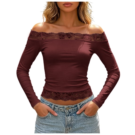 OJSFQUFP Women Off Shoulder Double Lined Long Sleeve Lace Shirts Basic Going Out Tops for Vacation Party Wedding Dating