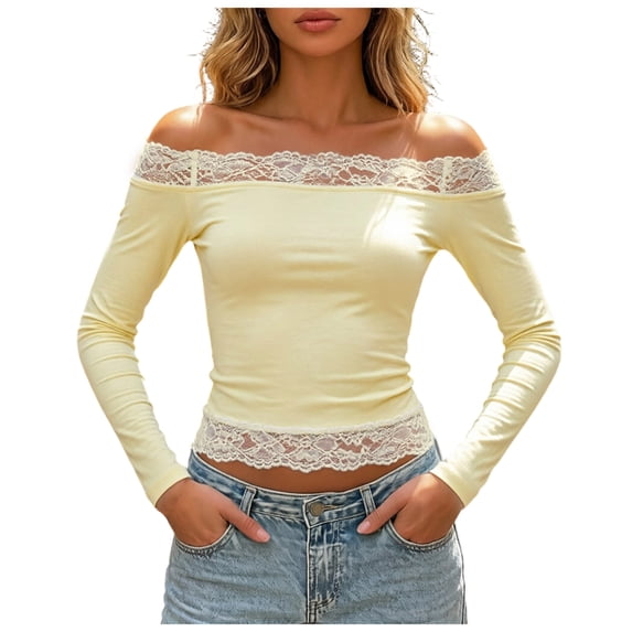 OJSFQUFP Women Off Shoulder Double Lined Long Sleeve Lace Shirts Basic Going Out Tops for Vacation Party Wedding Dating