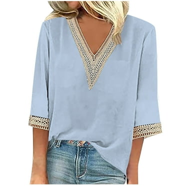 OJSFQUFP Women’S Summer Tops Light Blue Women's Fashion Spring and Summer Solid Color Knitted Jacquard V Neck Split Sleeve Casual T Shirt Top S