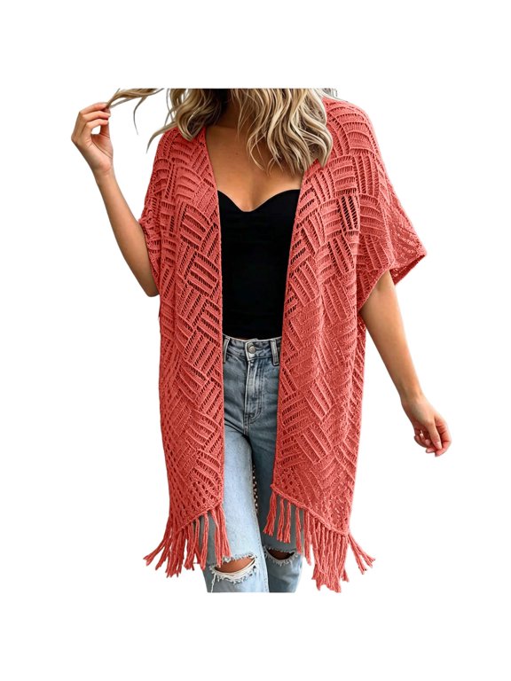 Women Short Sleeve Open Front Knit Cover Up with Tassel Fringe Bohemian Lightweight Thin Cardigan Hollow Out Crochet