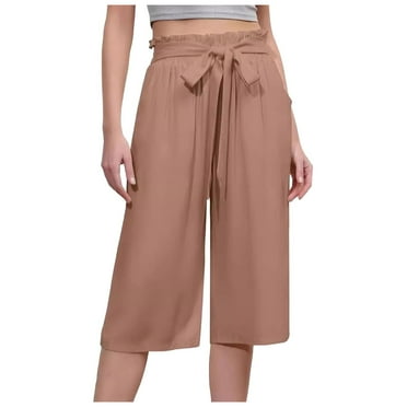OJSFQUFP Women Summer Outfits Khaki Women Wide Leg Cropped Pants with High Waist and Navel Wide Leg Pants for Summer Loose and Casual with Pockets S