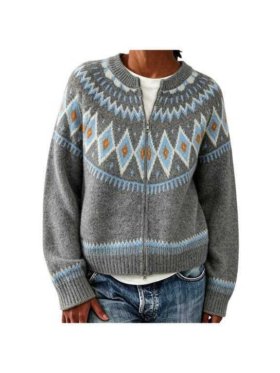 Women's Fashion Aztec Print Jacquard Knit Open Front Cardigan Lapel Long Sleeve Boho Graphic Sweater Coat
