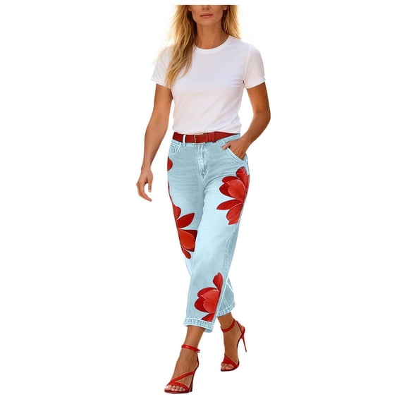 OJSFQUFP Women’s Floral Print Wide Leg Cropped Jeans High Waisted Faux Casual Pants