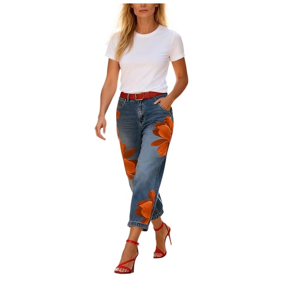 OJSFQUFP Women’s Floral Print Wide Leg Cropped Jeans High Waisted Faux Casual Pants