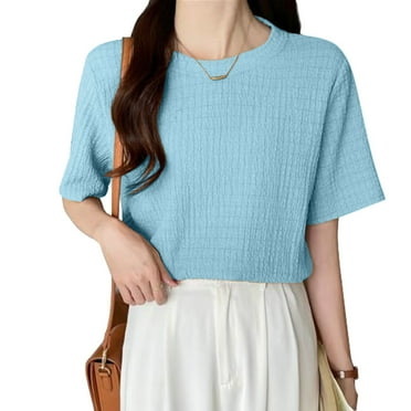 OJSFQUFP Womens Blouses Summer Blue Women's Summer Tops Short Sleeved T Shirts Loose Thin Round Neck Cool 4 Colors Plain Comfortable Commuting Casual Office M
