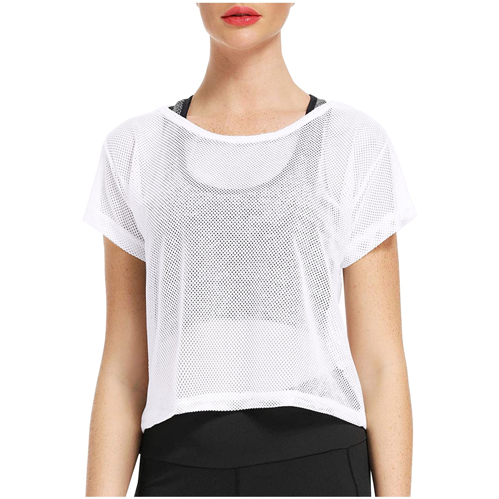 OJSFQUFP Womens Plus Size Workout Tops White Women Sheer Mesh T