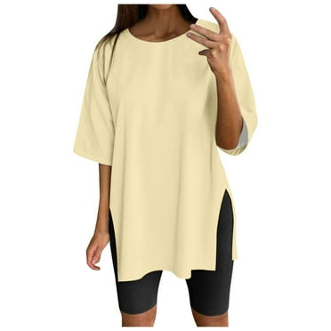 OJSFQUFP Womens Summer Blouse Beige Women Oversize Sports Shirt Short Sleeve Blouses Summer Loose Tops Functional Shirt Tunic Loose with Slits S