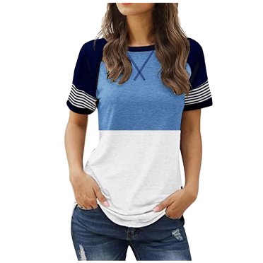 OJSFQUFP Womens Top Blue Women Cute Funny Crew Neck T Shirts Color Blocking Design Loose Basic Tee Soft and Comfortable Tops M