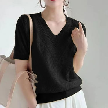 OJSFQUFP Womens Workout Shirts Summer Knitted Short Sleeved Tops Women's V Neck Sweaters Fashionable and Beautiful Tops Cute Top Black L