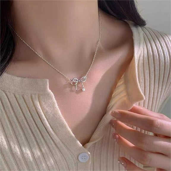 OJinShaWanO Black Necklaces for Women Elegant Silver Bow Necklace Light Necklace Simple Design Versatile Necklace for Gift
