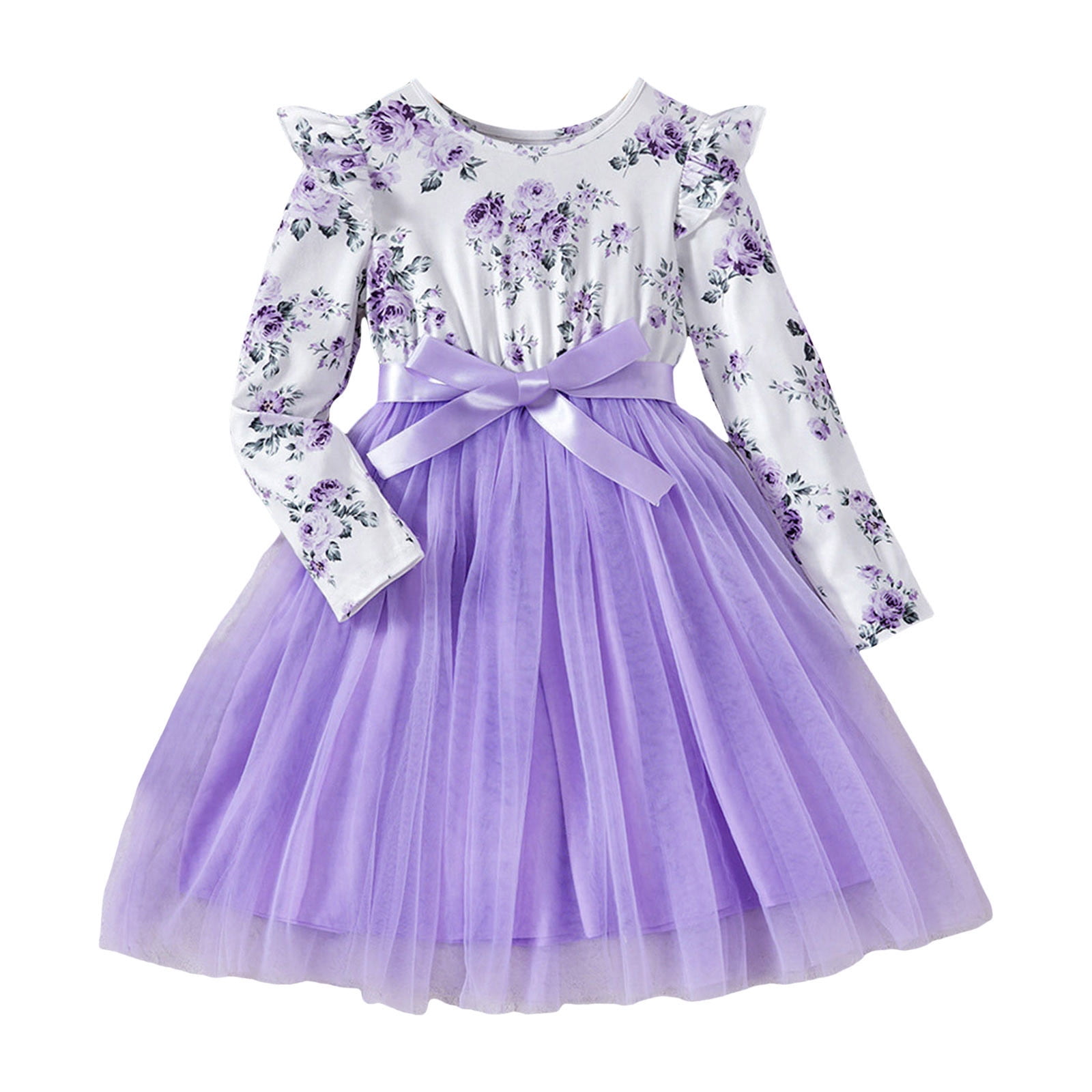 OJinShaWanO Blue and White Floral Dress Short Toddler Girls Long Sleeve Dress Floral Prints Tulle Princess Dresses 3-4 Years
