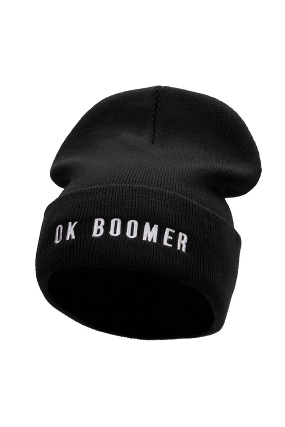 OK BOOMER Embroidered 12 Inch Long Knitted Beanie - Black OSFM