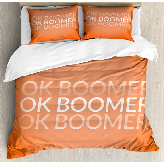 OK Boomer Duvet Cover Set, Modern Design Meme Phrase with Gradient Letters Funny Illustration, Decorative 3 Piece Bedding Set with 2 Pillow Shams, Queen Size, Orange Peach and White, by Ambesonne