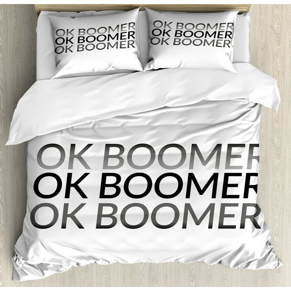 OK Boomer Duvet Cover Set, Monochromatic Style Meme Phrase Simple Design Modern Fun Typography, Decorative 3 Piece Bedding Set with 2 Pillow Shams, Calking Size, Grey Charcoal Grey White, by Ambesonne