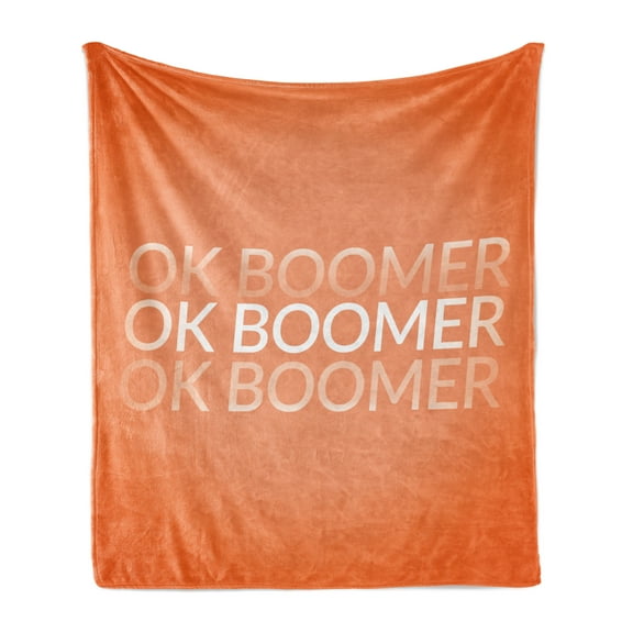 OK Boomer Soft Flannel Fleece Throw Blanket, Modern Design Meme Phrase with Gradient Letters Funny Illustration, Cozy Plush for Indoor and Outdoor Use, 60" x 80", Orange Peach and White, by Ambesonne