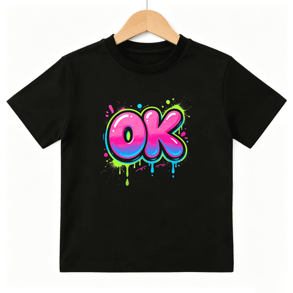 OK Graffiti Boys Graphic Tee, Cool Neon Pink Blue Street Art 100% Cotton Kids Short Sleeve T-Shirt