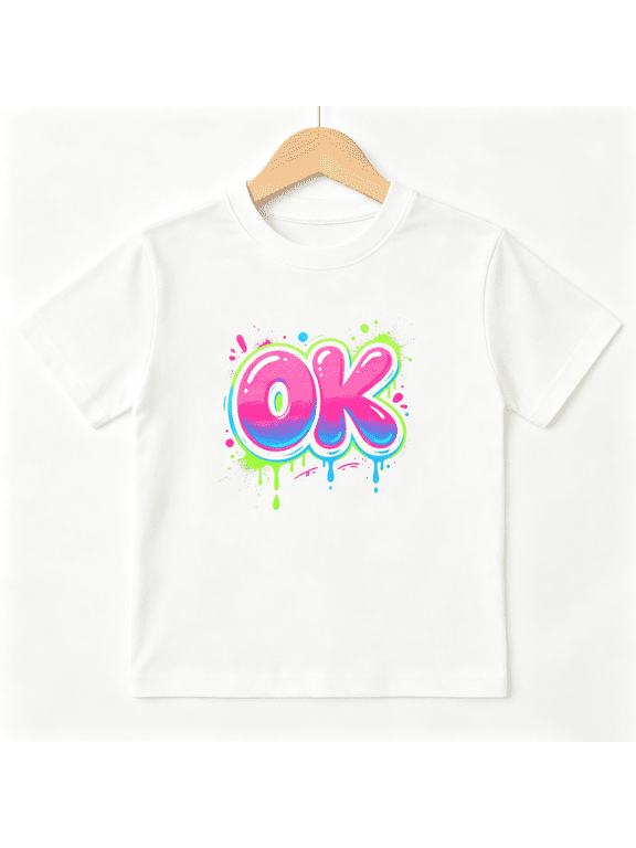 OK Graffiti Boys Graphic Tee, Cool Neon Pink Blue Street Art 100% Cotton Kids Short Sleeve T-Shirt