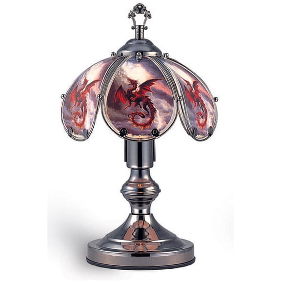 OK Lighting 14.25" Black Chrome Touch Lamp With Red Dragon Theme