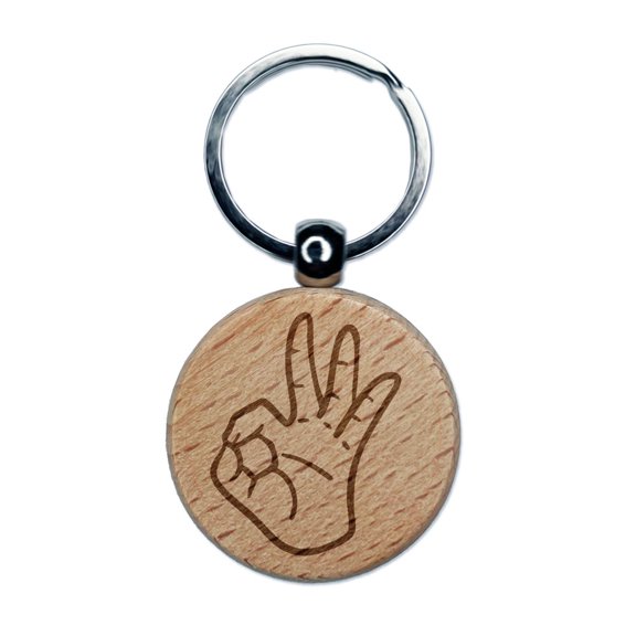 OK Okay Hand Sign Round Keychain Charm Tag - Engraved Wood