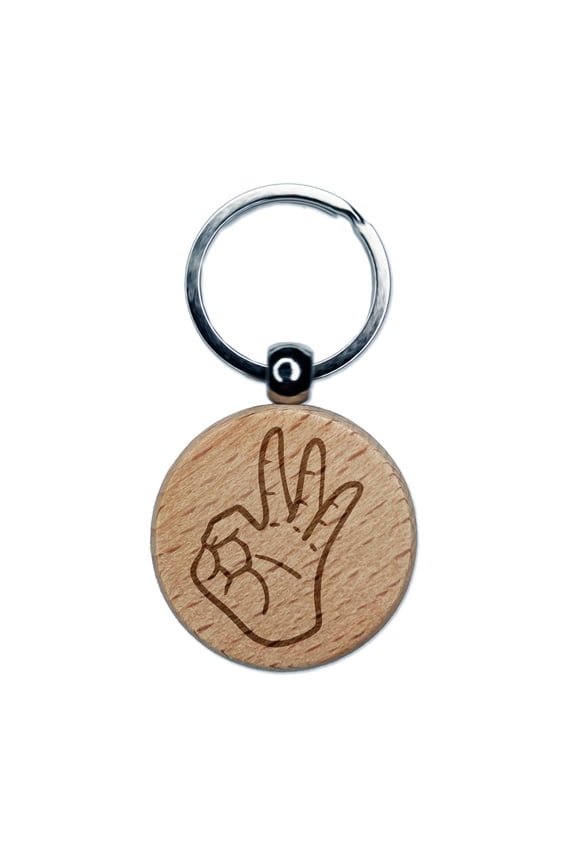 OK Okay Hand Sign Round Keychain Charm Tag - Engraved Wood