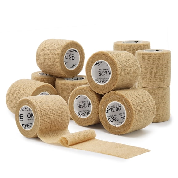 OK TAPE 12 Rolls Self Adhesive Bandage Wrap, Elastic Athletic Tape, Self Stick Bandage Tape, Vet Wrap, Medical Wrap for Wrist, Feet, 2" x 5 Yards - Beige