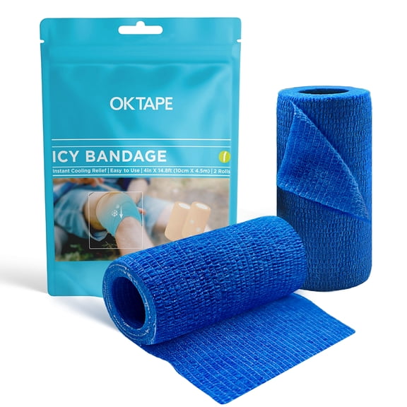 OK TAPE 2 Rolls Ice Self Stick Bandage Wrap, Instant Cold Relief for Knee, Ankle, Wrist, Cold Compress Elastic Athletic Tape for Sports Injuries, No Refrigeration Needed, 4 Inch Wide, Navy Blue